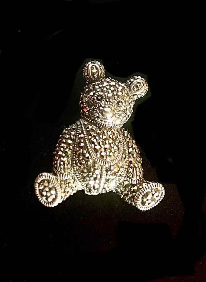Sterling silver marcasite teddy brooch