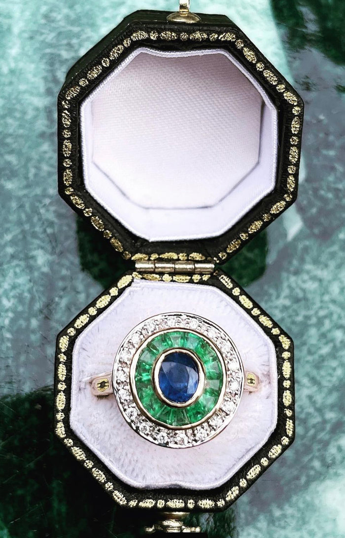 Diamond, emerald and sapphire ring in 9carat yellow gold