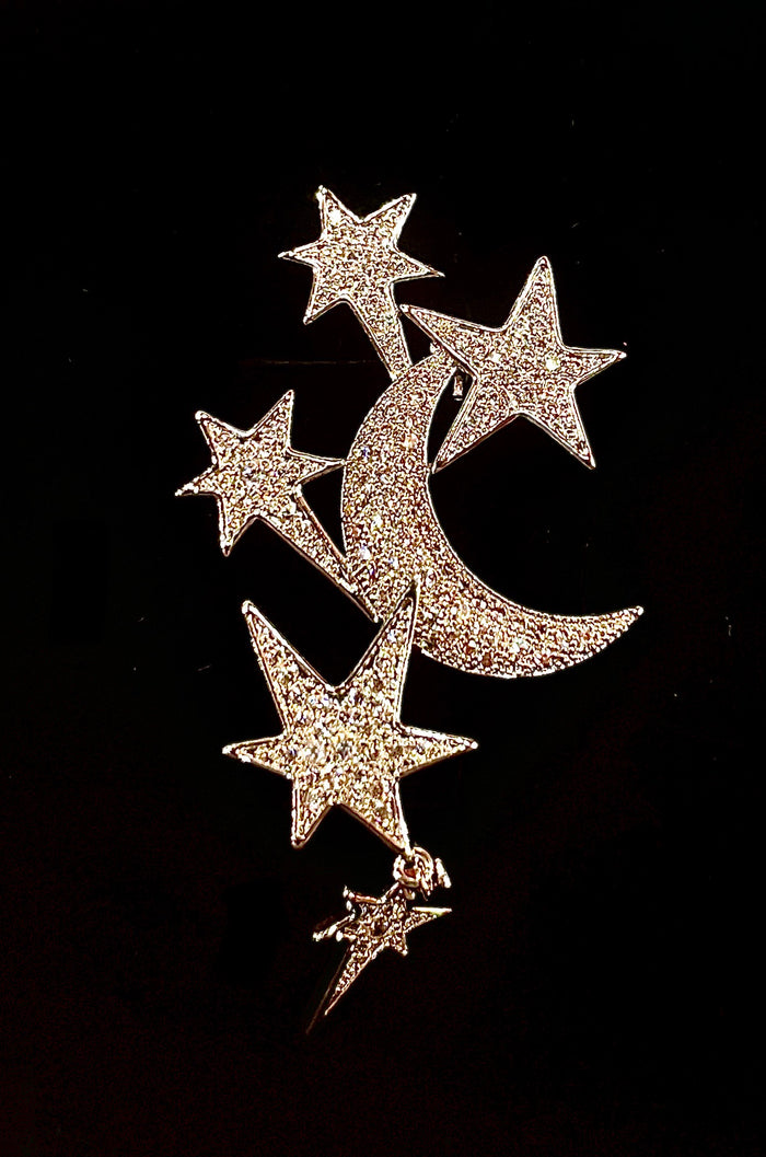 Silver moon and stars brooch